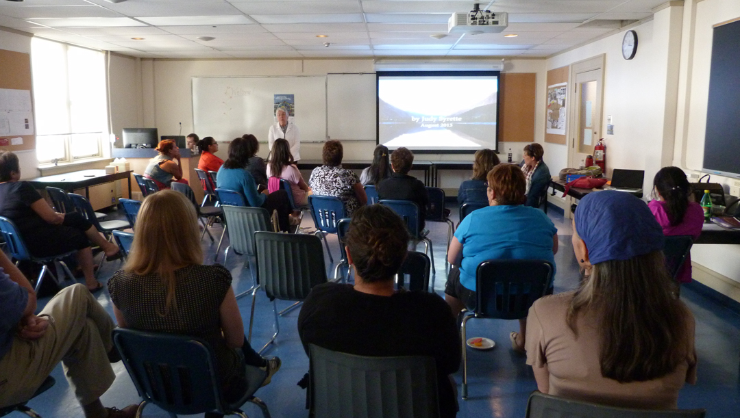 Group of institute attendees watch a video projected on a screen in classroom