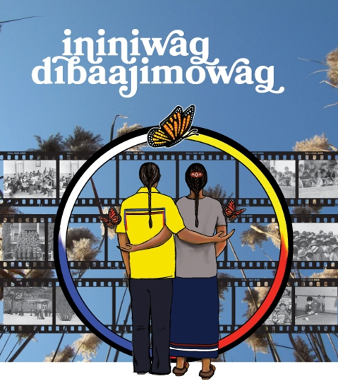 Ininiwag dibaajimowag artistic poster of two people from behind, embracing watching still film images of residential schools disappear within a circle. Above them is a butterfly.