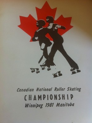 Artist's image: a roller skating couple in front of a red Maple Leaf.