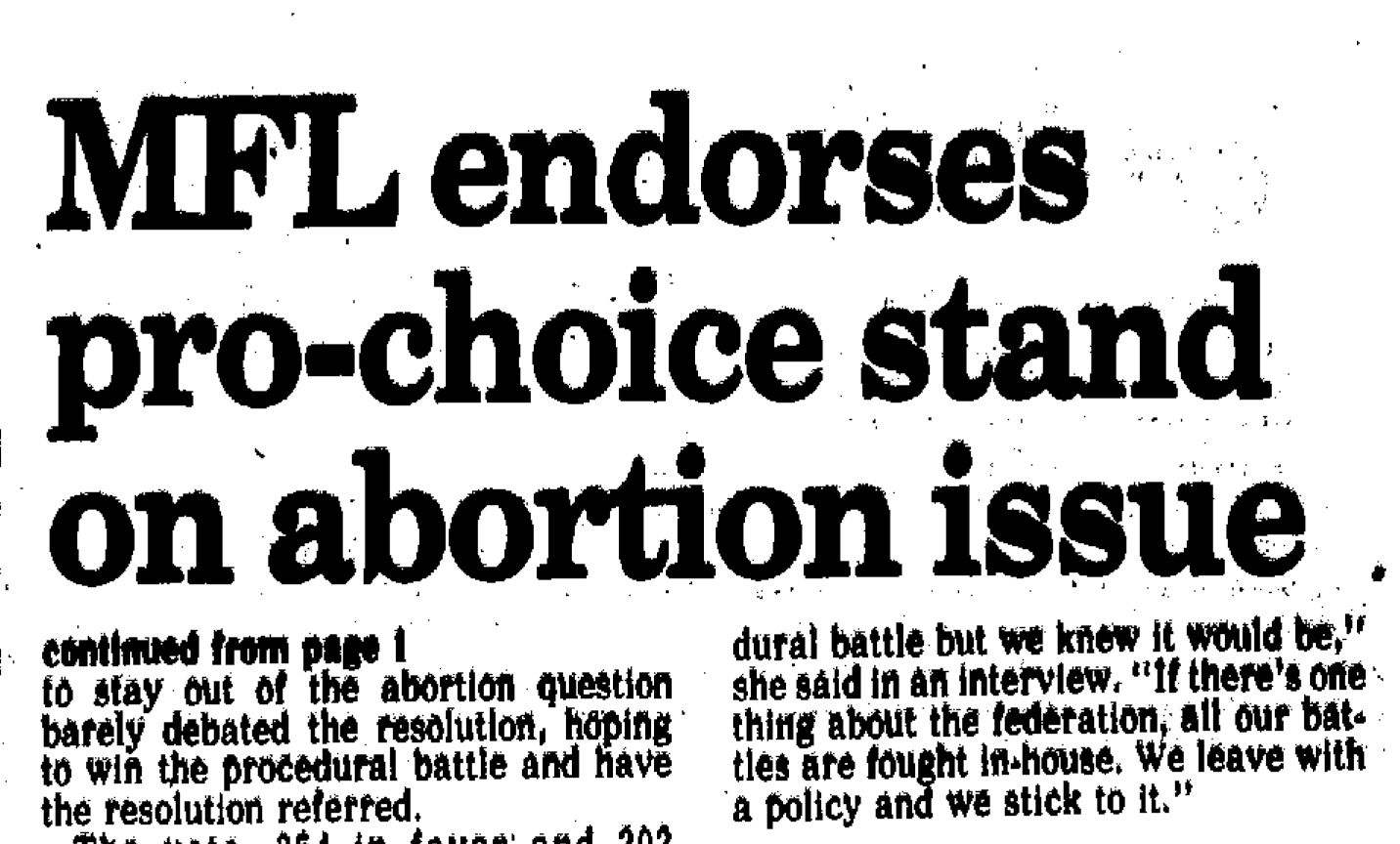 Image of a Headline from Winnipeg Free Press clipping: "MFL endorses Pro Choice stand on abortion issue" 