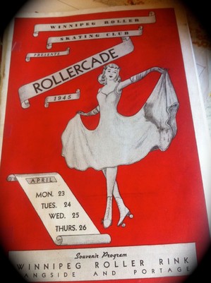 Artistic poster for Rollercade 1945: Features a woman in a white dress and roller skates, red background.