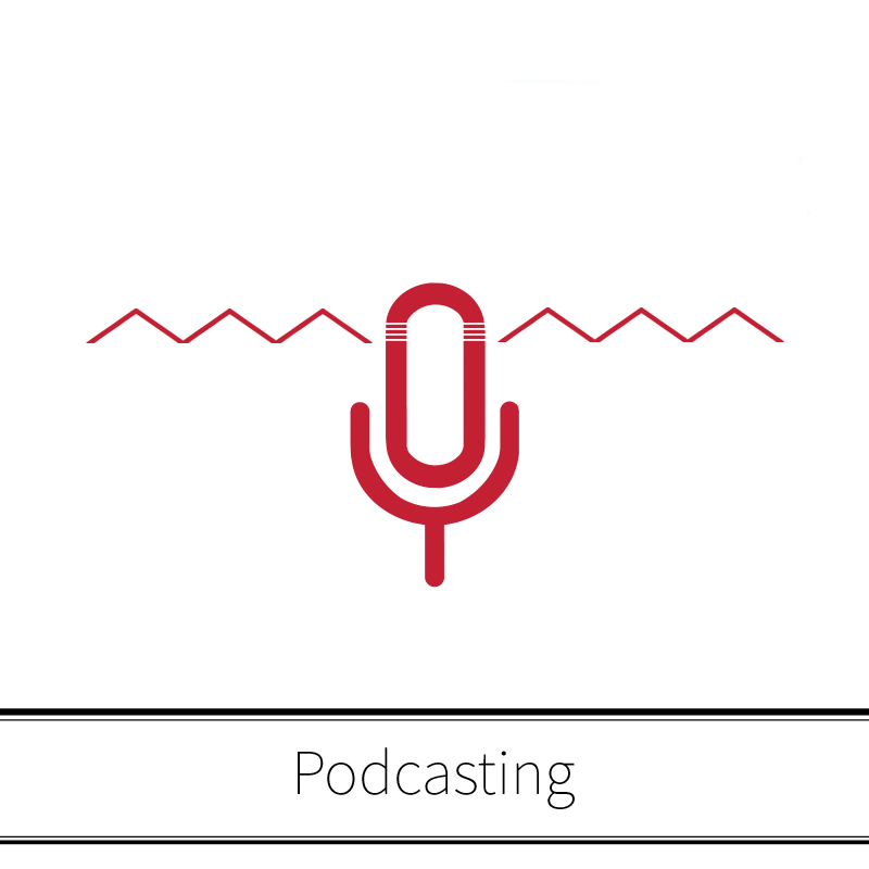 Image of waves emanating from a microphone. Text below: Podcasting