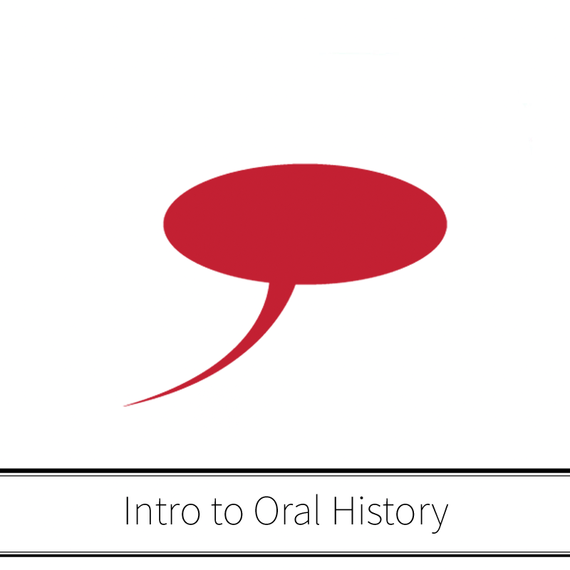 Speech bubble floating above workshop title: Introduction to Oral History