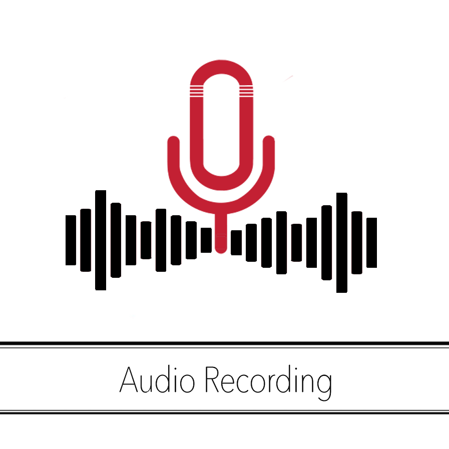 A picture of a red microphone that has a black audio waveform emanating from its base. Text under image reads: Audio Recording