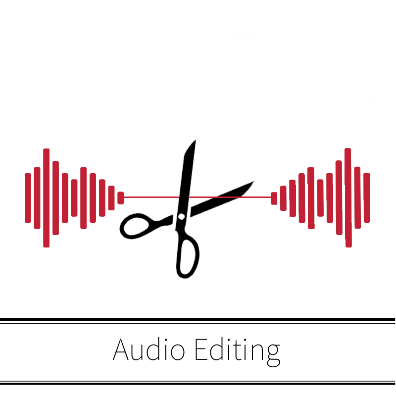 OHC workshop icon for Audio Editing: A pair of scissors positioned to cut through a red waveform, text under image reads: Audio Editing.