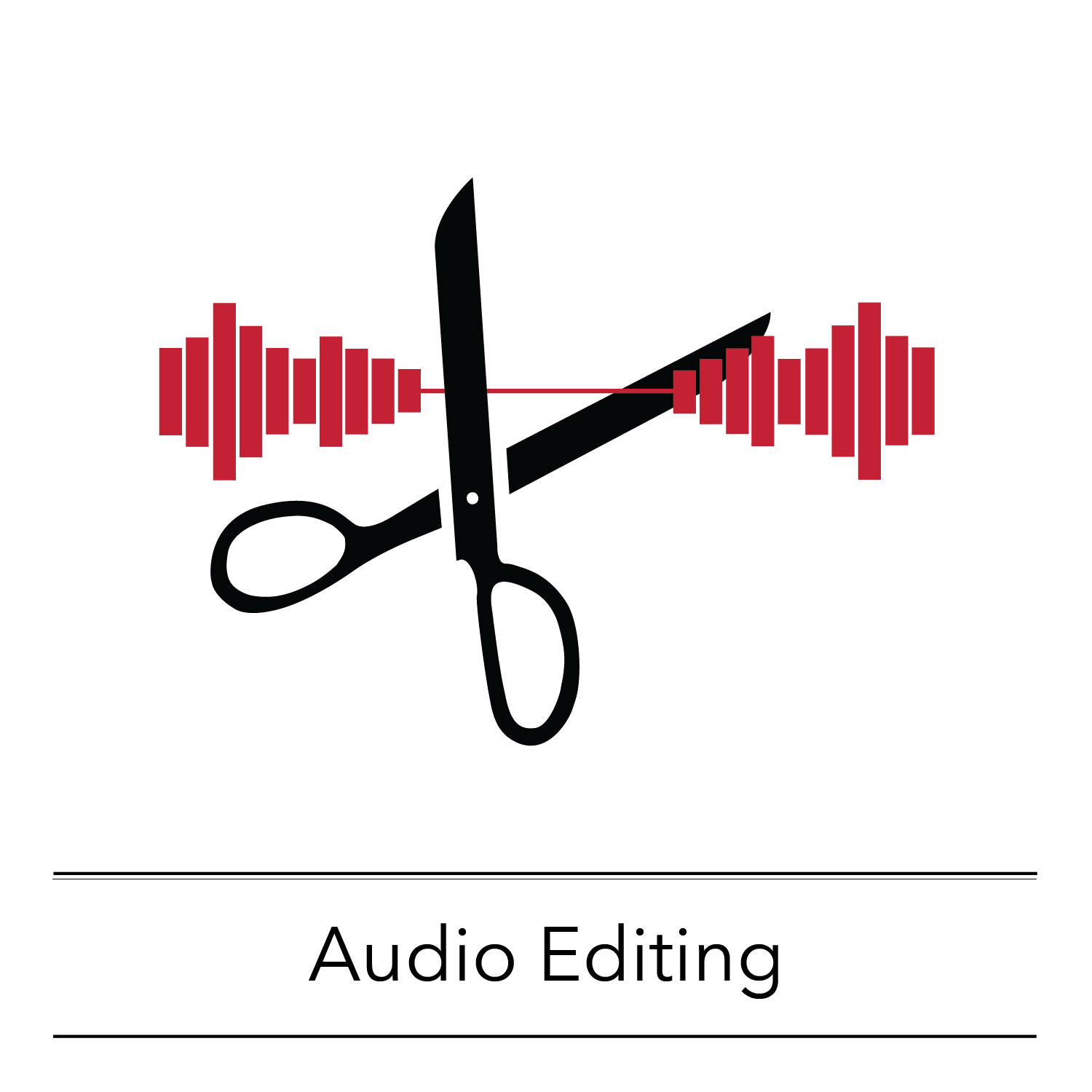 OHC workshop icon for Audio Editing: A pair of scissors positioned to cut through a red waveform, text under image reads: Audio Editing.