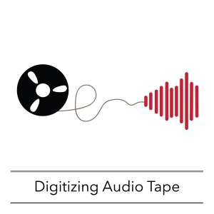 OHC workshop icon: A reel of audio tape unspools, the end of the tape transforming to a digital waveform. Text under image reads: Digitizing Audio Tape.
