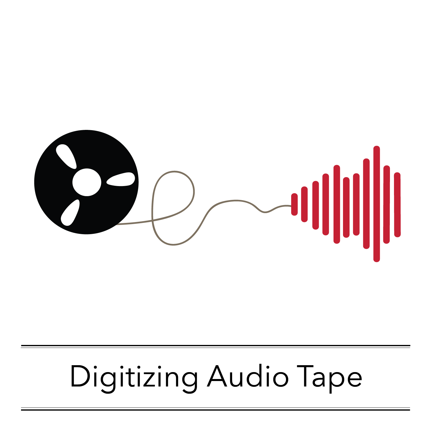 OHC workshop icon: A reel of audio tape unspools, the end of the tape transforming to a digital waveform. Text under image reads: Digitizing Audio Tape.