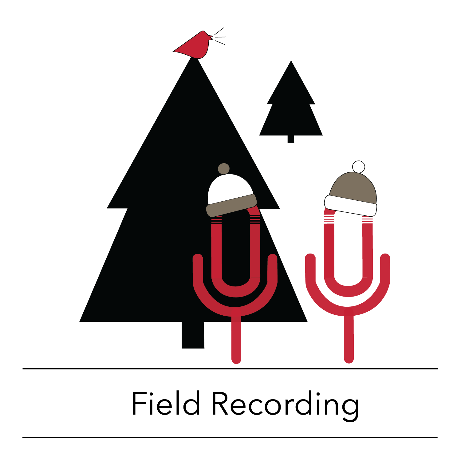 OHC workshop icon: Two microphones wearing toques stand in front of a tree, atop which is a noisy bird. Text under image reads: Field Recording.