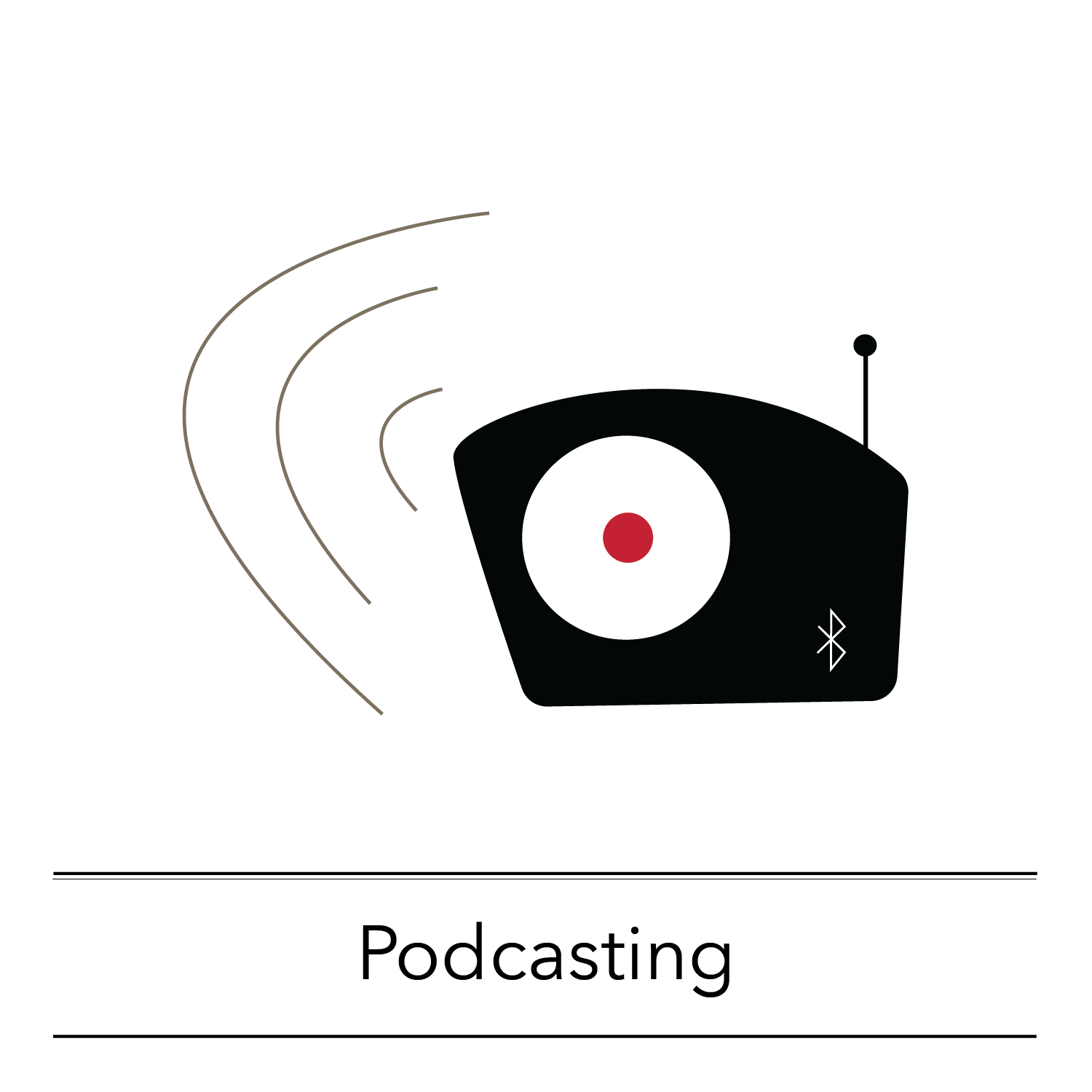 OHC workshop icon: Sound waves emanate from a small retro style radio. Text under image reads: Podcasting.