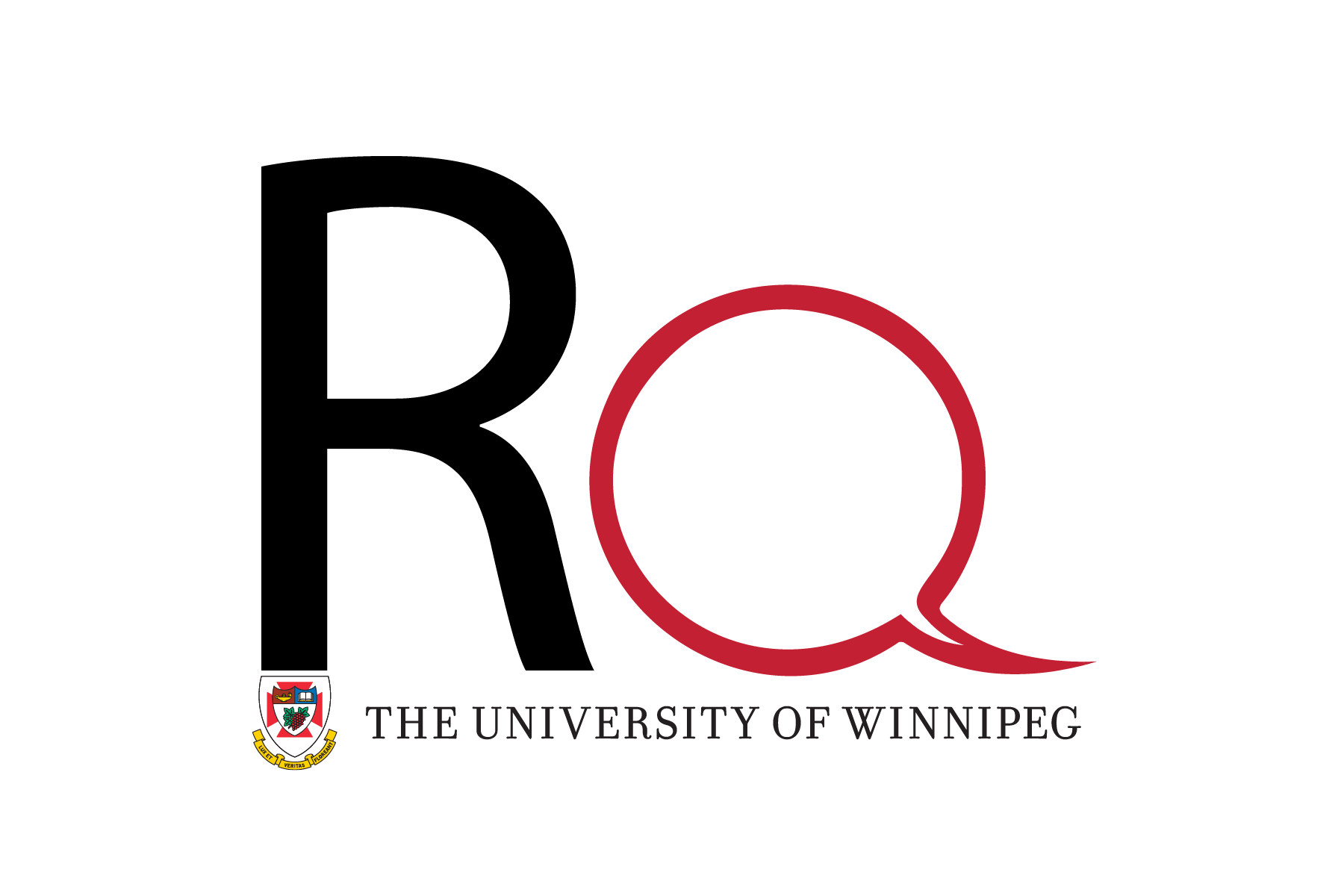 A white background featuring the logo for the Podcast “Research Question”: Capital letters R in black and a slightly smaller, red Q fashioned to look like a speech bubble, they are underlined by the University of Winnipeg Logo.