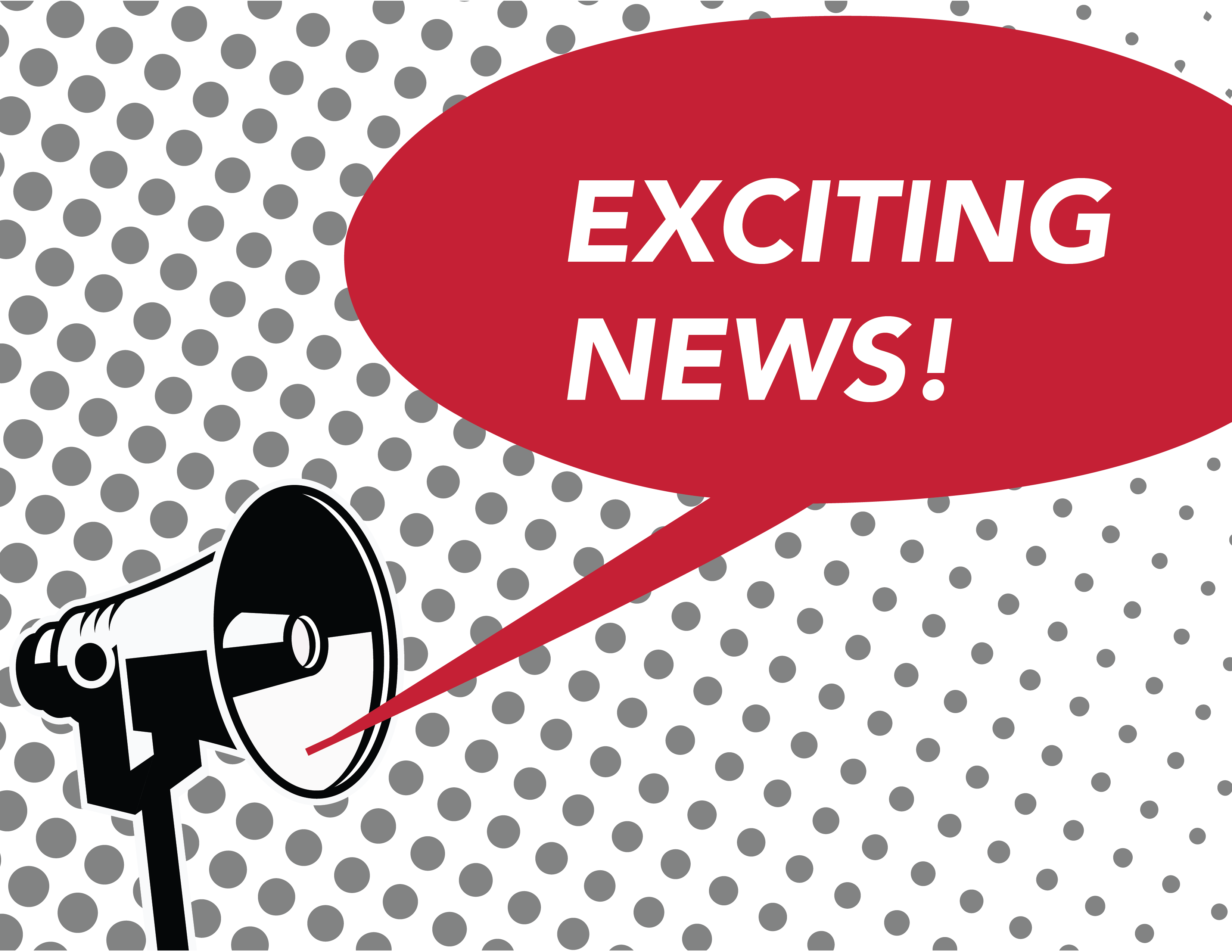 A megaphone beneath a red speech bubble with the text: Exciting News