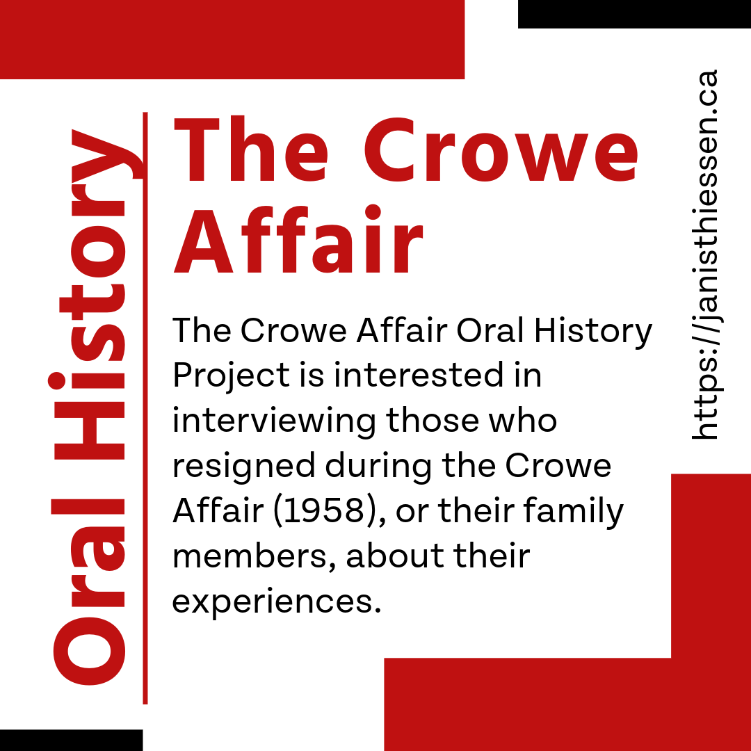 A call for interview participants for the Crowe Affair Oral History Project.
